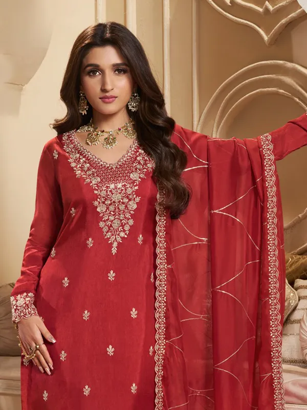 Classy red silk salwar suit with dupatta