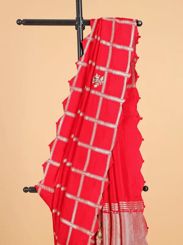Classy red silk saree with contrast red blouse