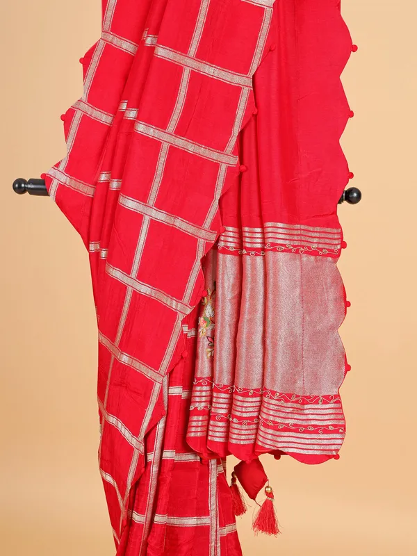 Classy red silk saree with contrast red blouse