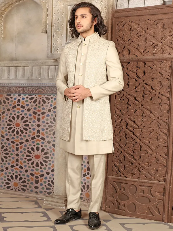 Classy silk beige indowestern for wedding
