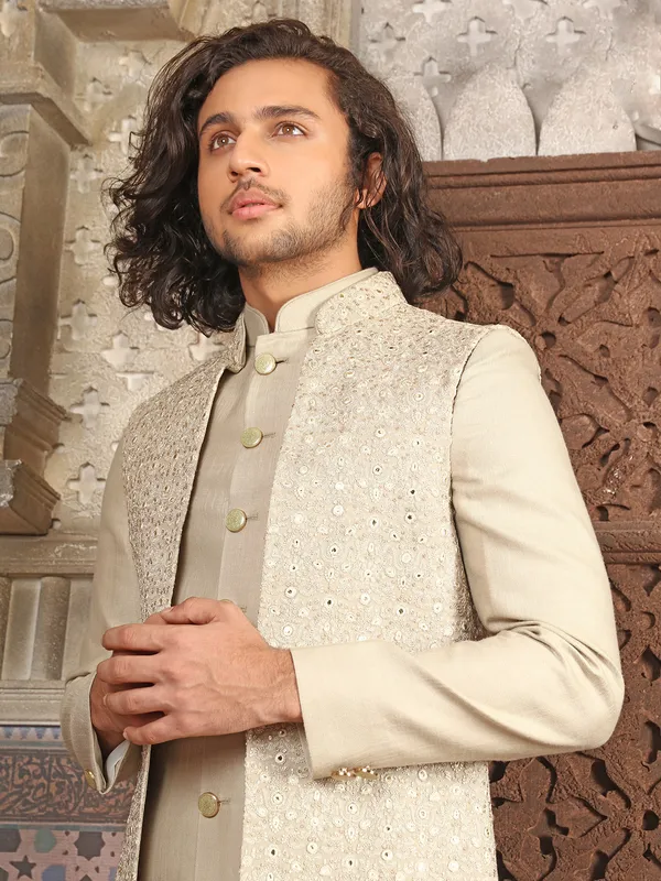 Classy silk beige indowestern for wedding
