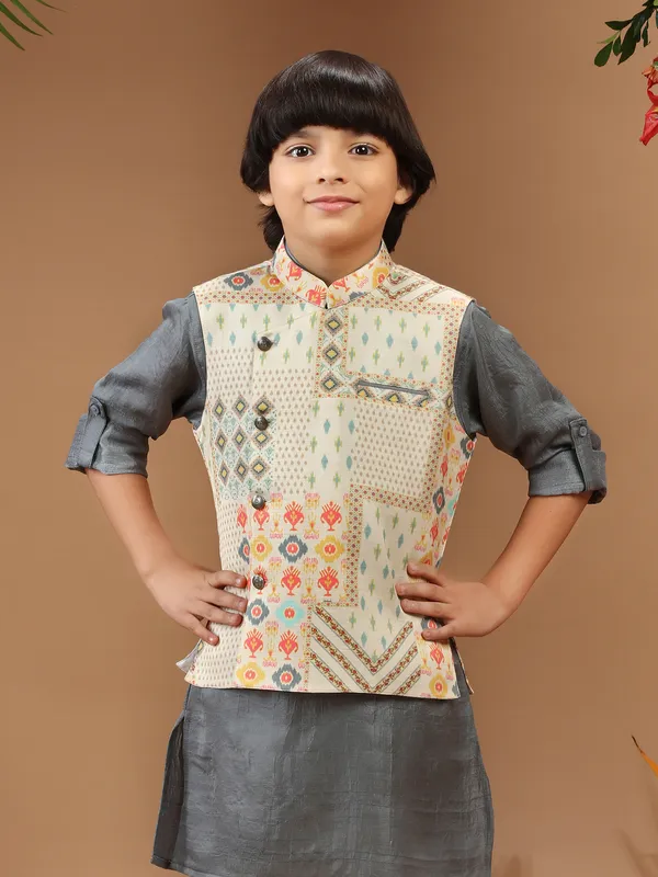Classy silk cream printed waistcoat set