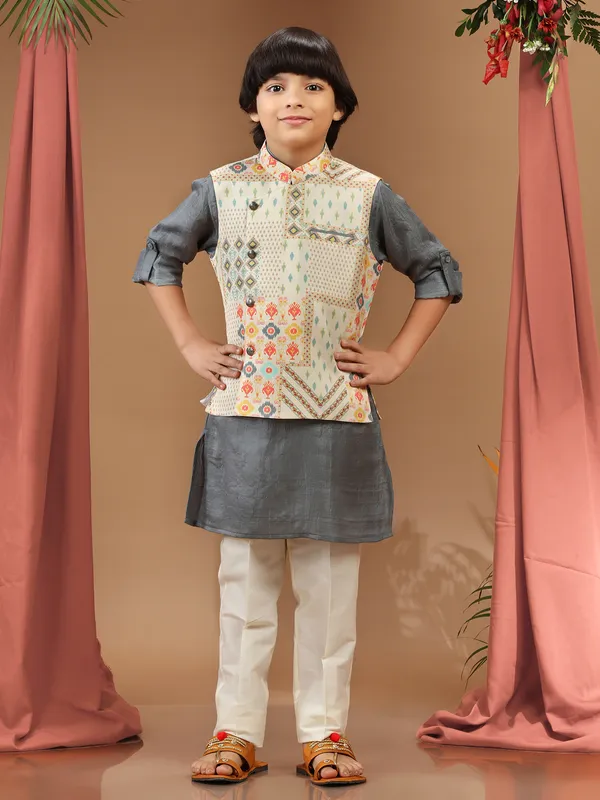 Classy silk cream printed waistcoat set