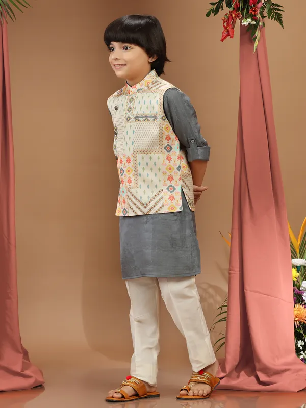 Classy silk cream printed waistcoat set