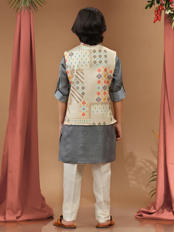 Classy silk cream printed waistcoat set
