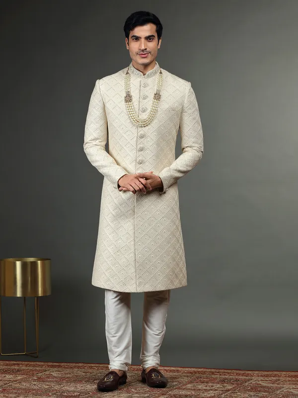 Classy silk groom sherwani in cream