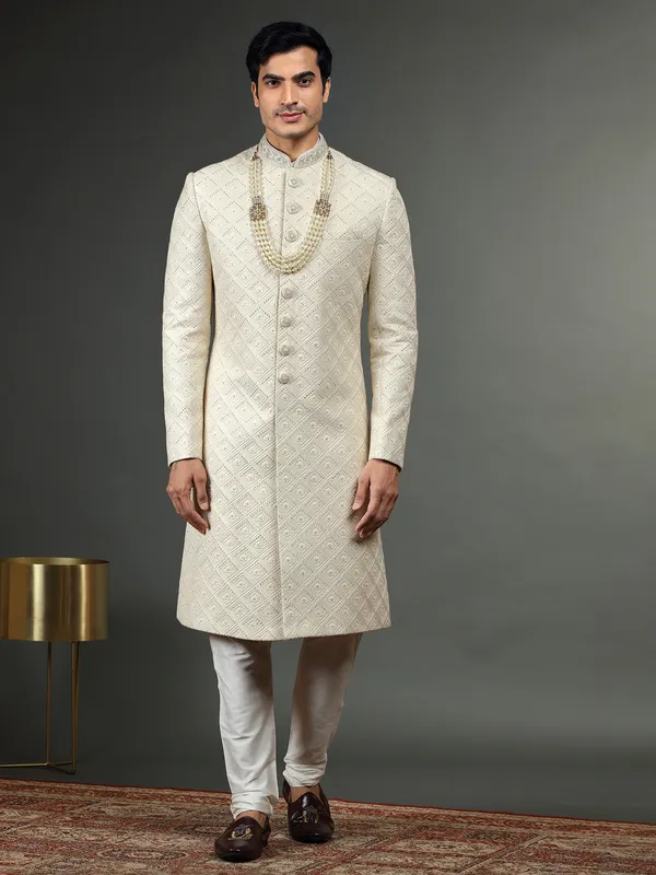 Classy silk groom sherwani in cream