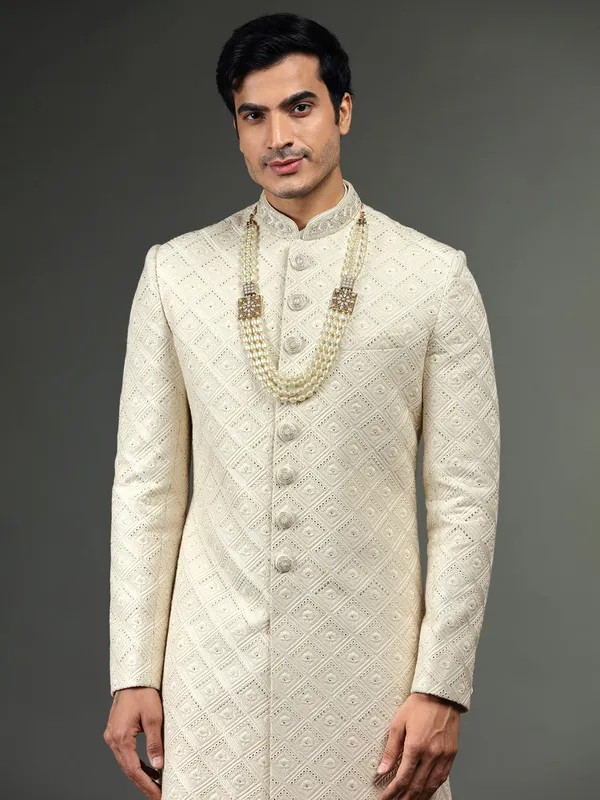 Classy silk groom sherwani in cream