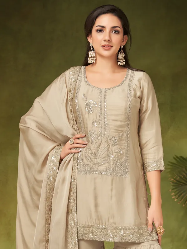 Classy ssilk sharara suit in beige
