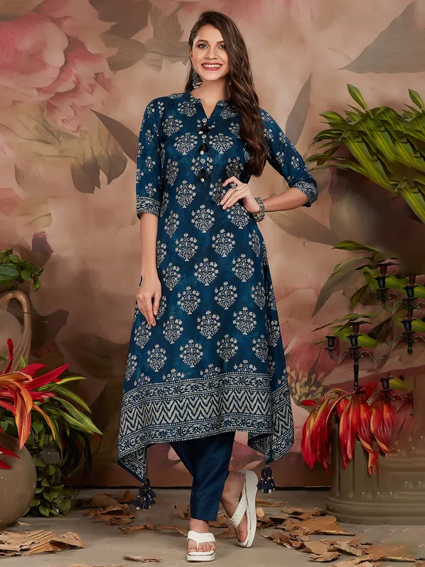 Classy teal blue russian silk printed kurti