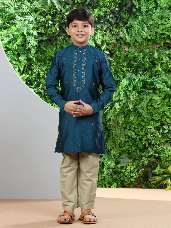 Classy teal blue silk kurta suit