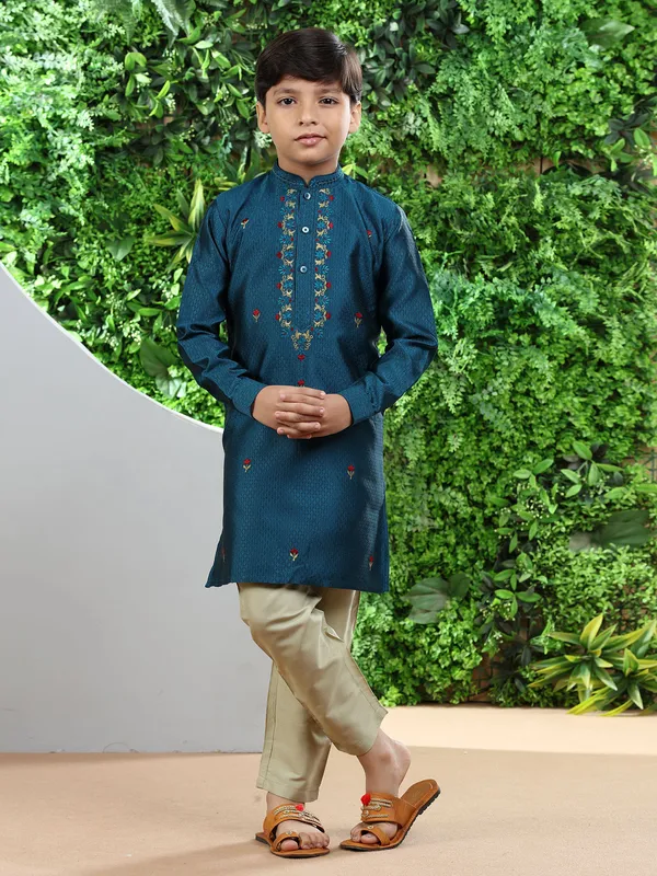 Classy teal blue silk kurta suit