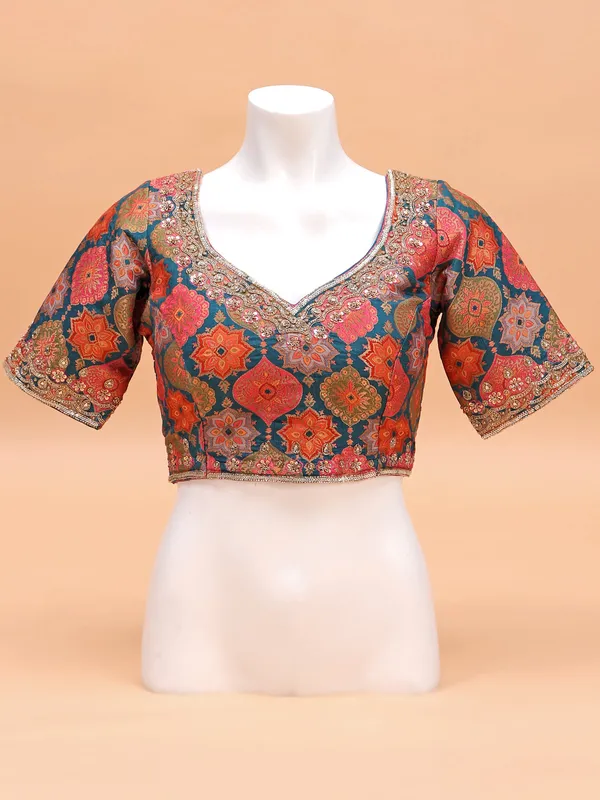Classy teal blue silk ready-made blouse