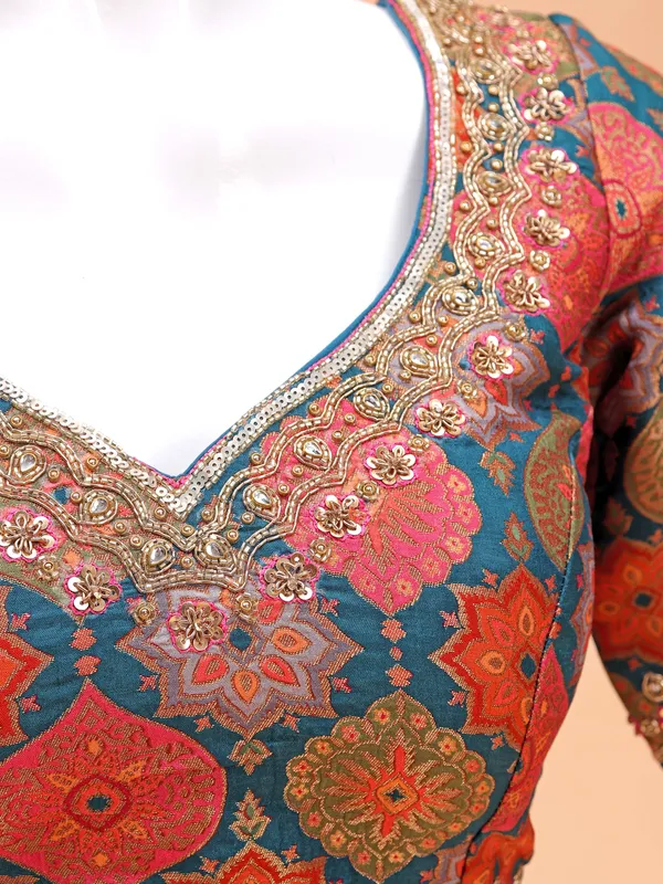 Classy teal blue silk ready-made blouse