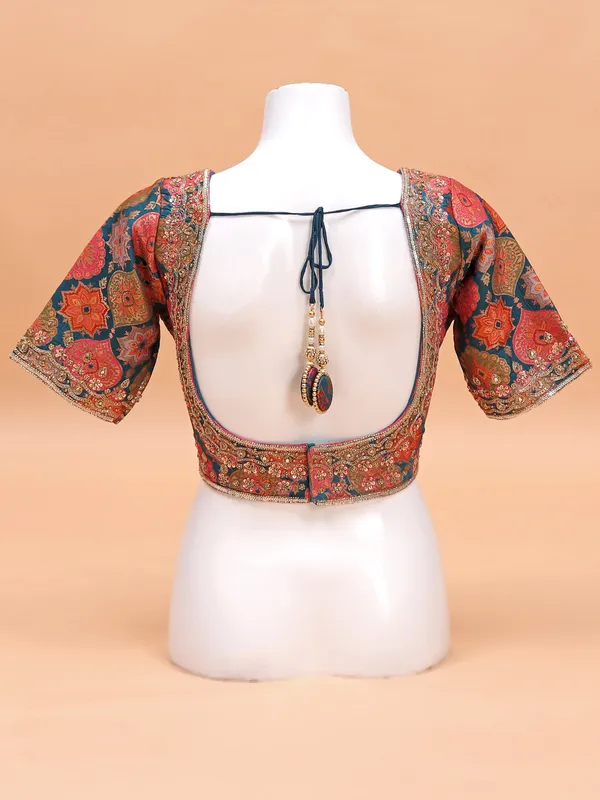 Classy teal blue silk ready-made blouse