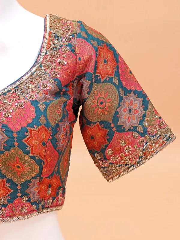 Classy teal blue silk ready-made blouse
