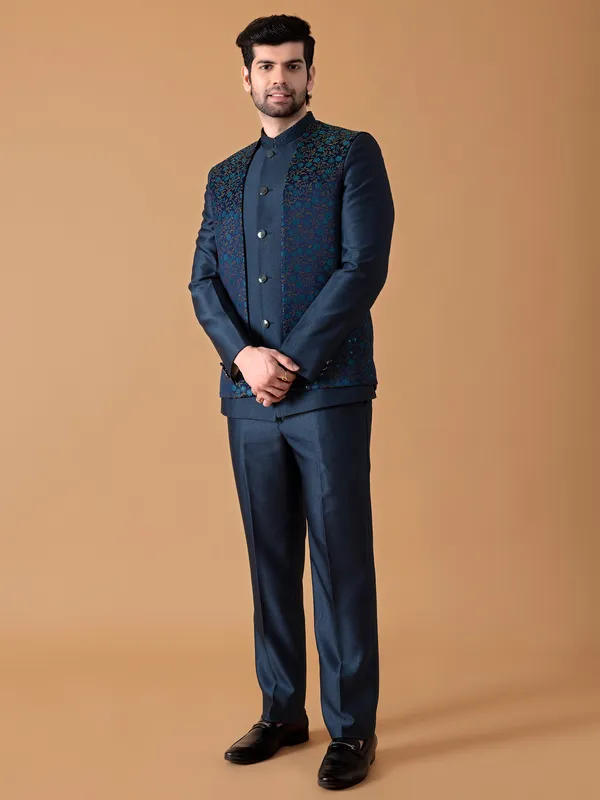 Classy teal blue terry rayon jodhpuri suit