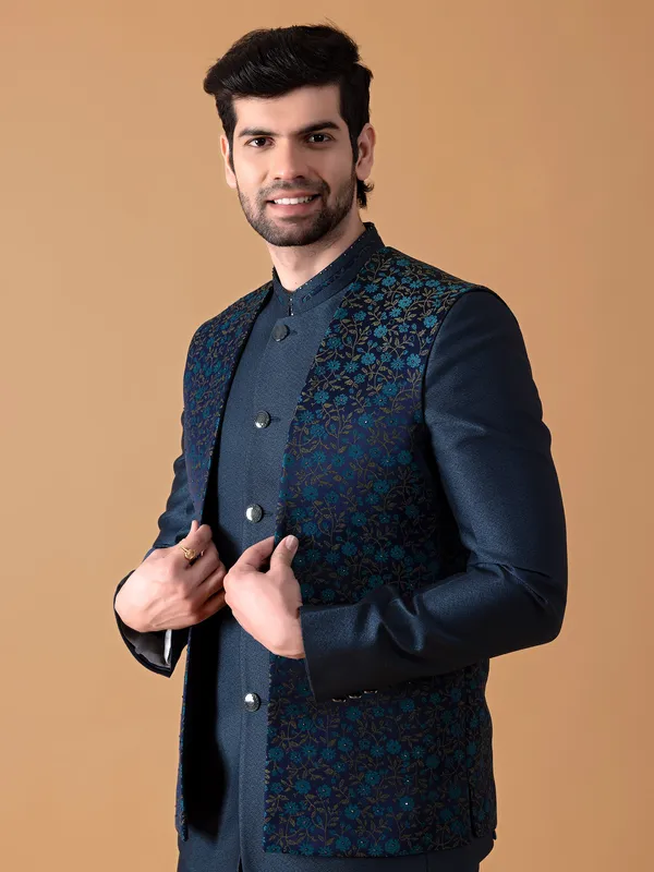 Classy teal blue terry rayon jodhpuri suit