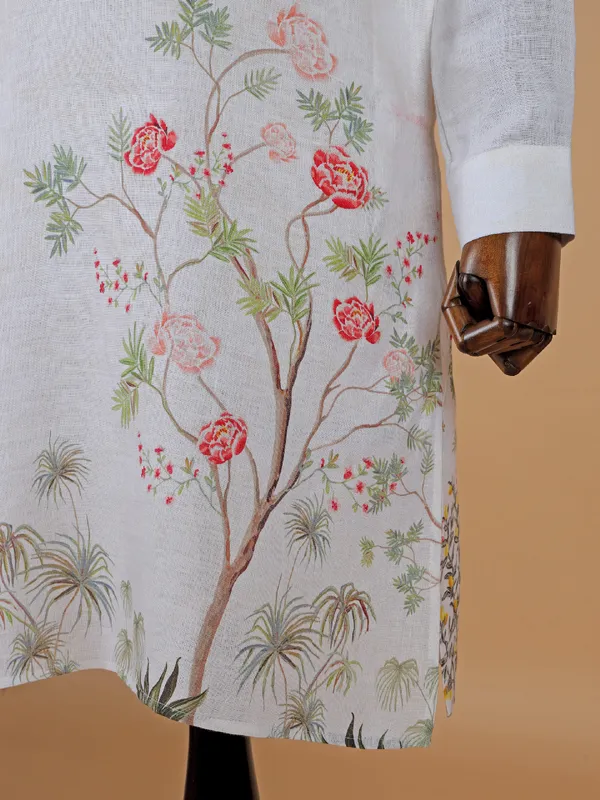 Classy white cotton printed kurta for men