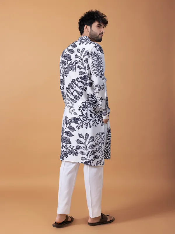 Classy white cotton printed kurta suit