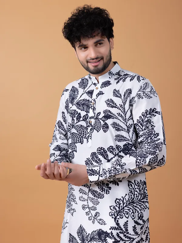 Classy white cotton printed kurta suit