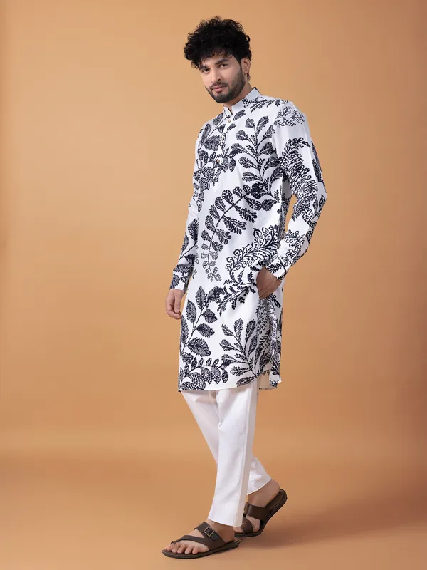 Classy white cotton printed kurta suit