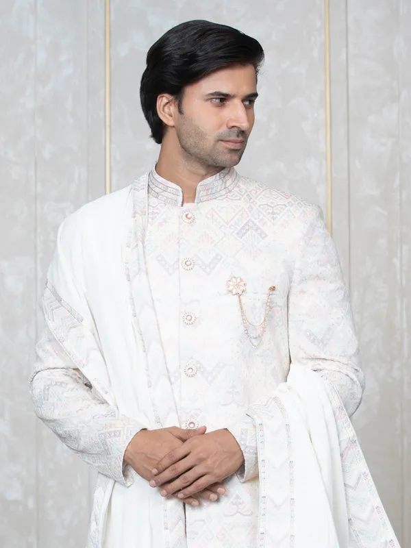 Classy white embroidery indowestern