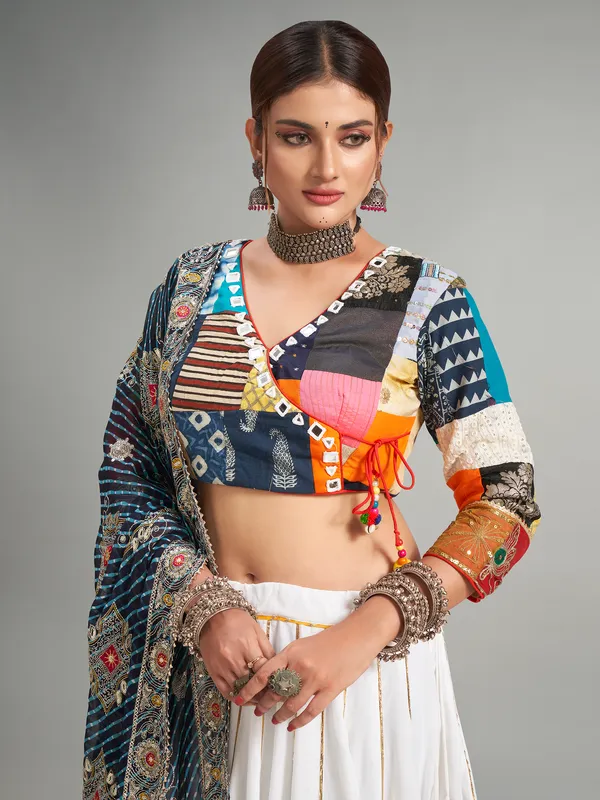 Classy white printed cotton silk chaniya choli