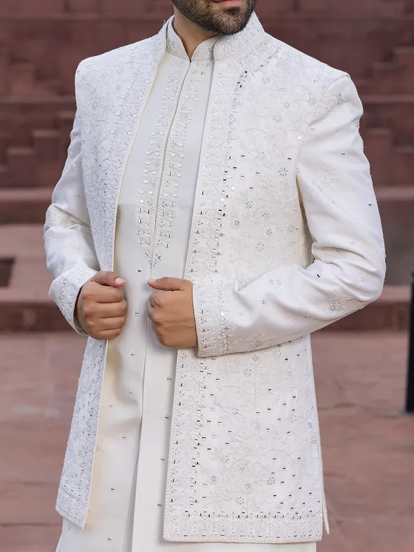 Classy white raw silk indowestern for wedding