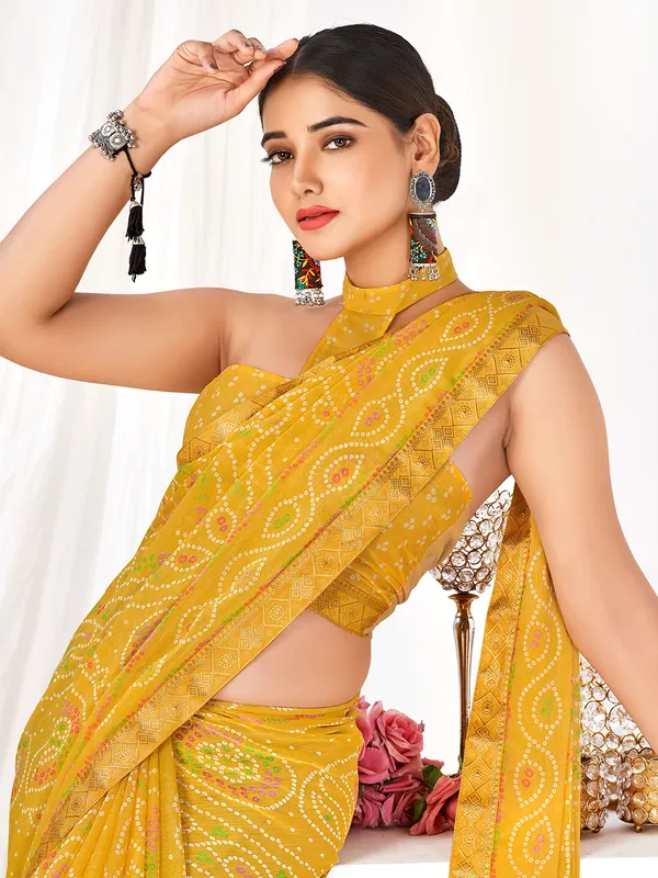 Classy yellow bandhani printed chiffon saree