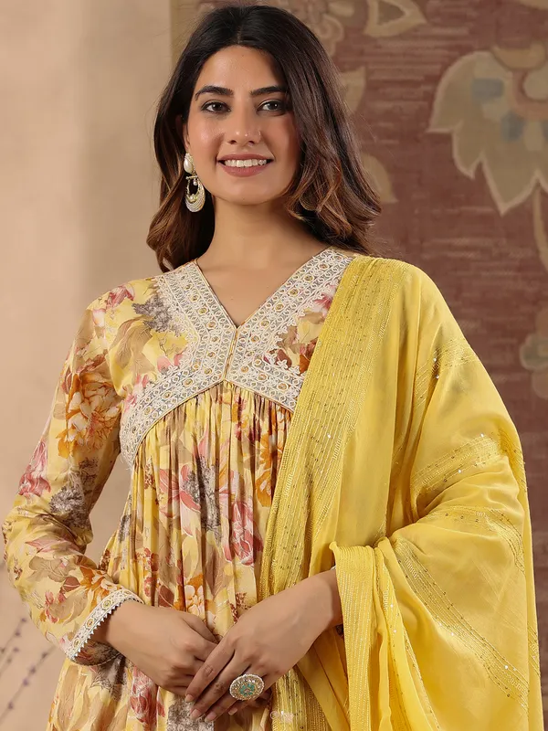 Classy yellow cotton printed kurti set