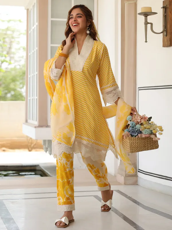 Classy yellow cotton silk printed kurti set
