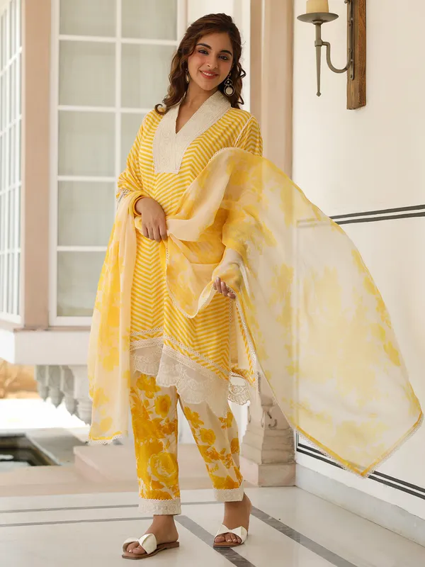 Classy yellow cotton silk printed kurti set