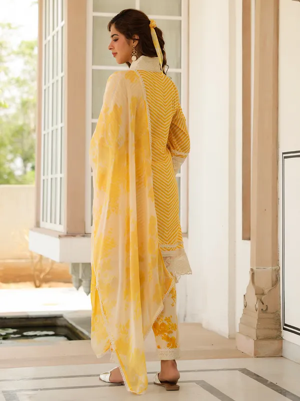 Classy yellow cotton silk printed kurti set