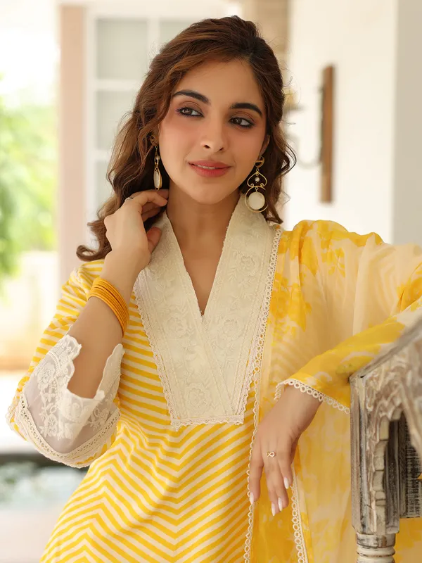 Classy yellow cotton silk printed kurti set