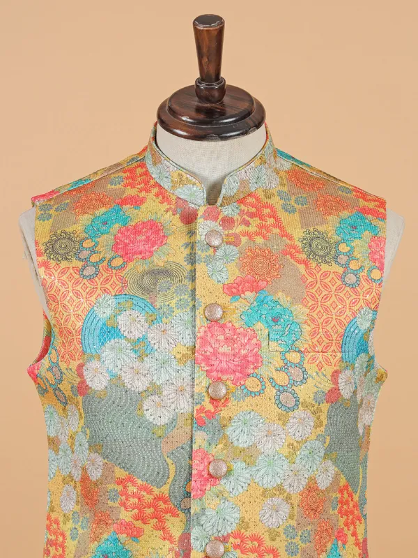 Classy yellow printed waistcoat for men