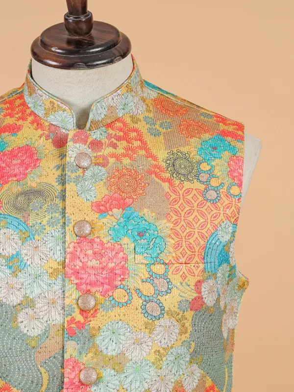 Classy yellow printed waistcoat for men