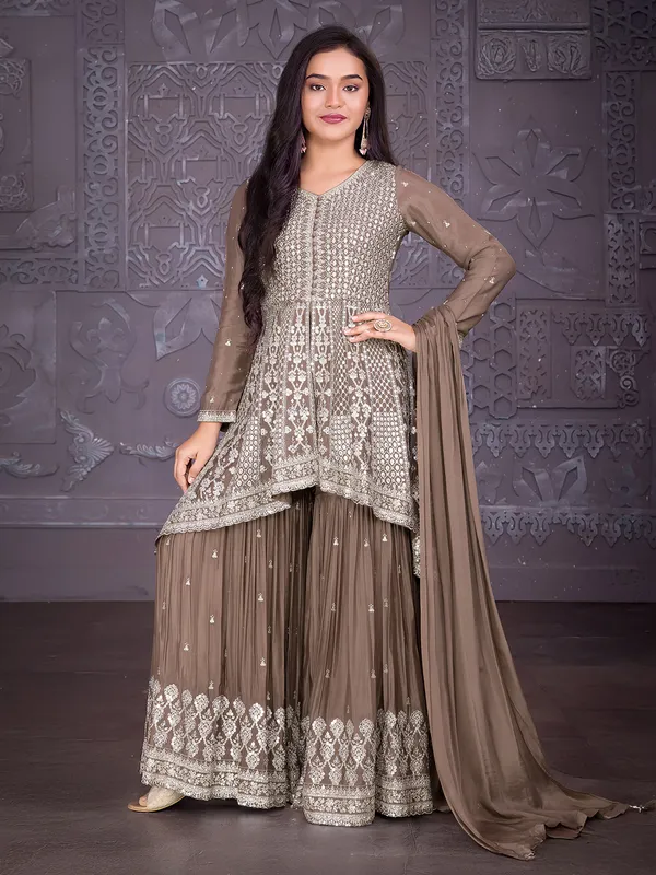 Coffee color silk sharara suit with dupatta