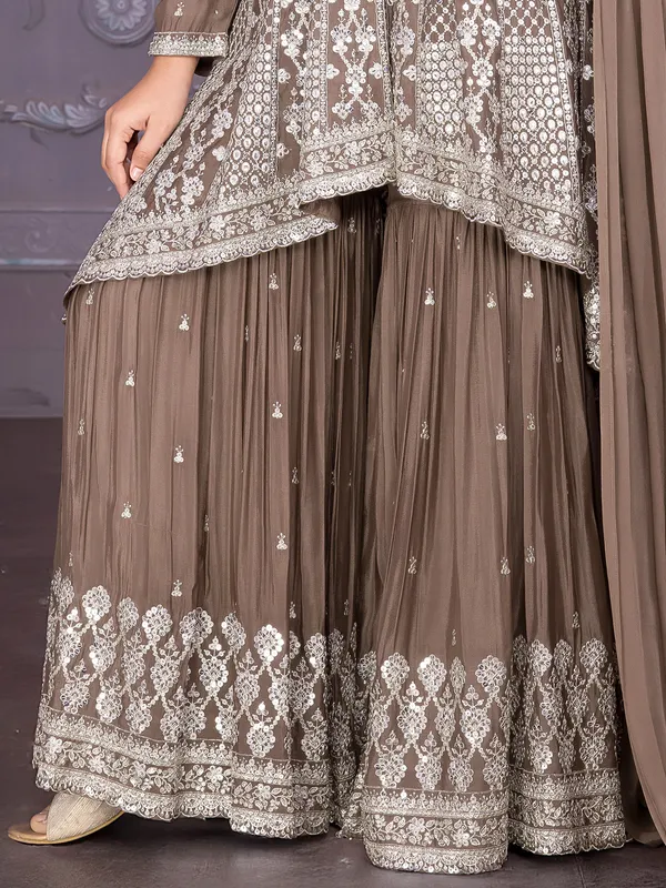 Coffee color silk sharara suit with dupatta