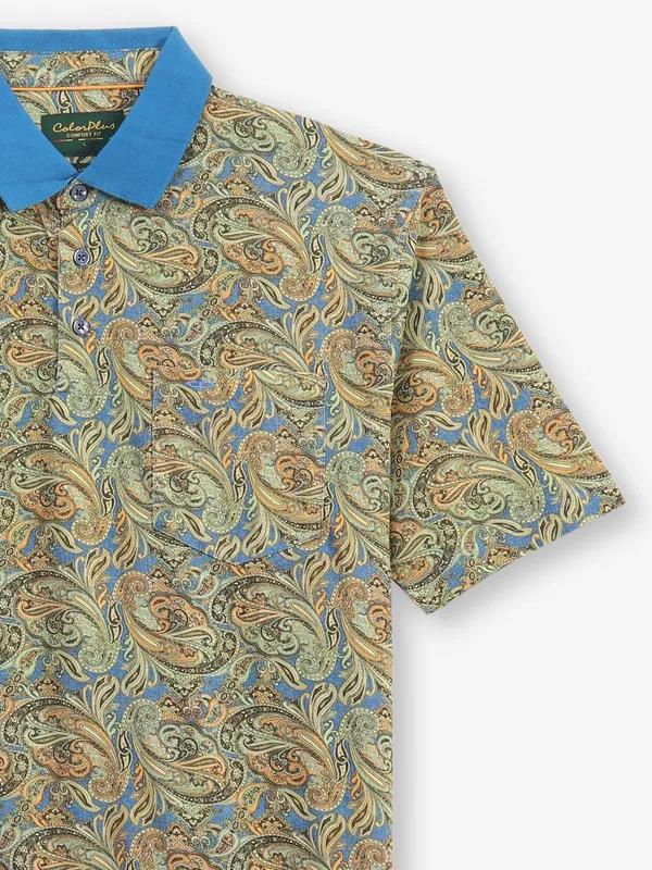 COLORPLUS printed blue cotton polo t-shirt