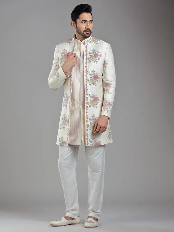 Contemporary cream silk printed indowestern with ethnic work
