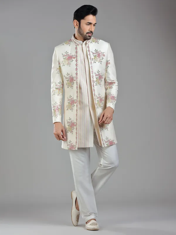 Contemporary cream silk printed indowestern with ethnic work