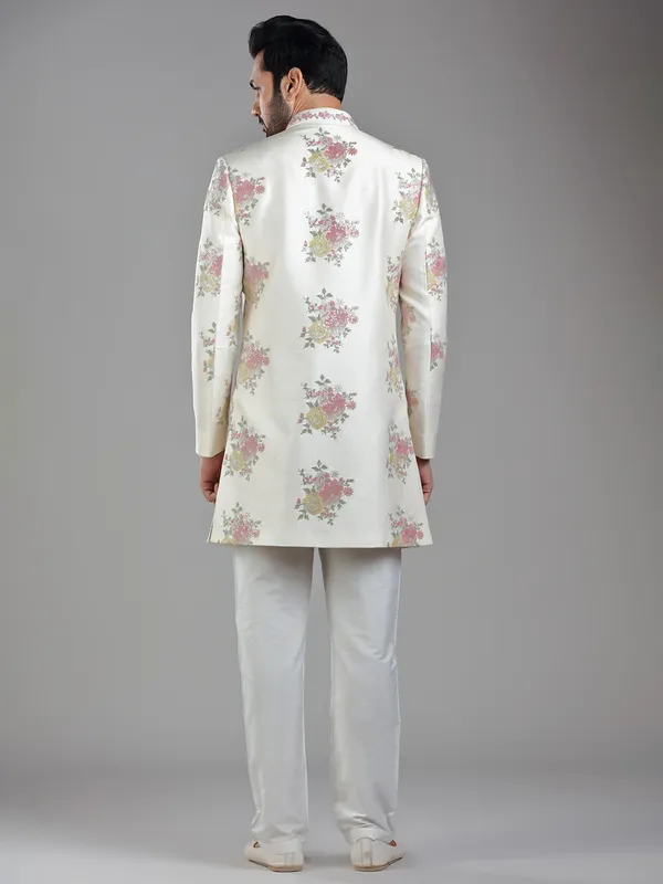 Contemporary cream silk printed indowestern with ethnic work