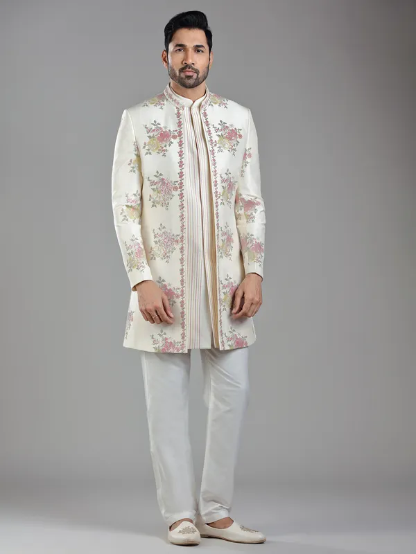 Contemporary cream silk printed indowestern with ethnic work
