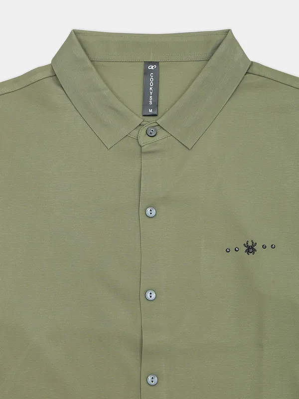 Cookyss plain moss green poly cotton casual wear shirt for men