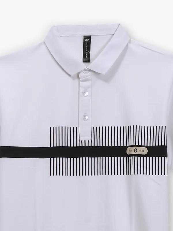 COOKYSS printed white cotton polo t-shirt