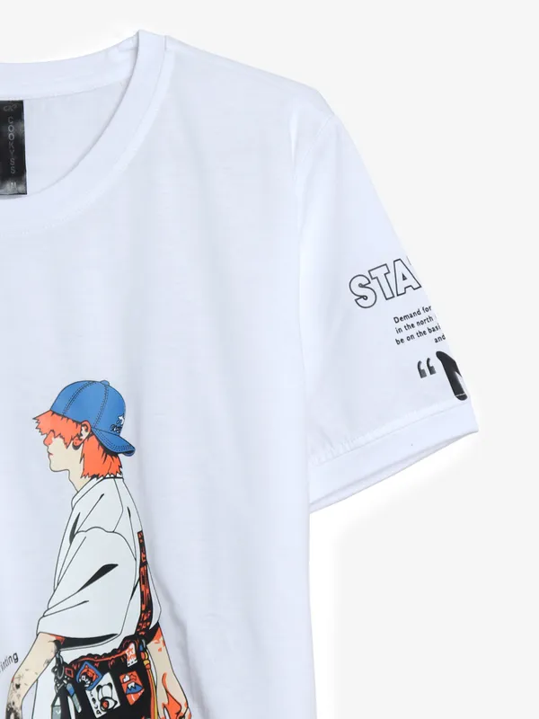 Cookyss white casual printed slim fit t shirt