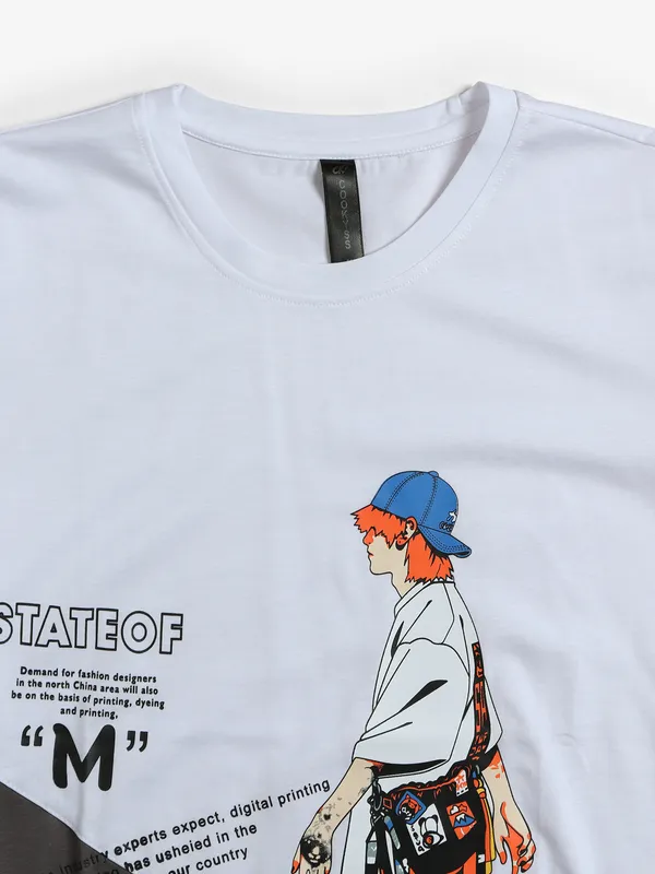 Cookyss white casual printed slim fit t shirt