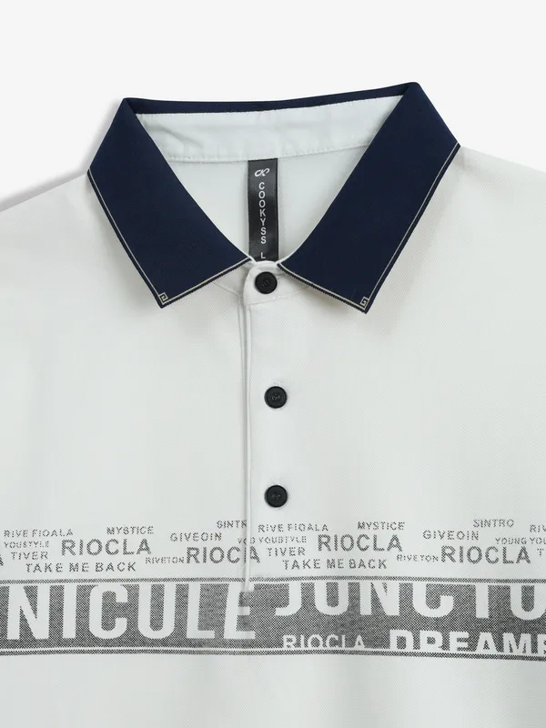 COOKYSS white printed cotton polo t-shirt