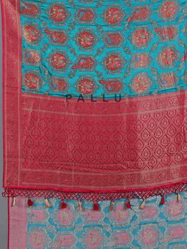 Cool aqua mashru silk saree with subtle zari work